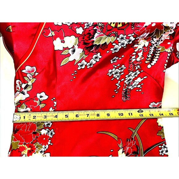 Asian Chinese Red Floral Dress S ? M? Mandarin Collar Short Slvs. Long Slits NWT - Picture 9 of 16